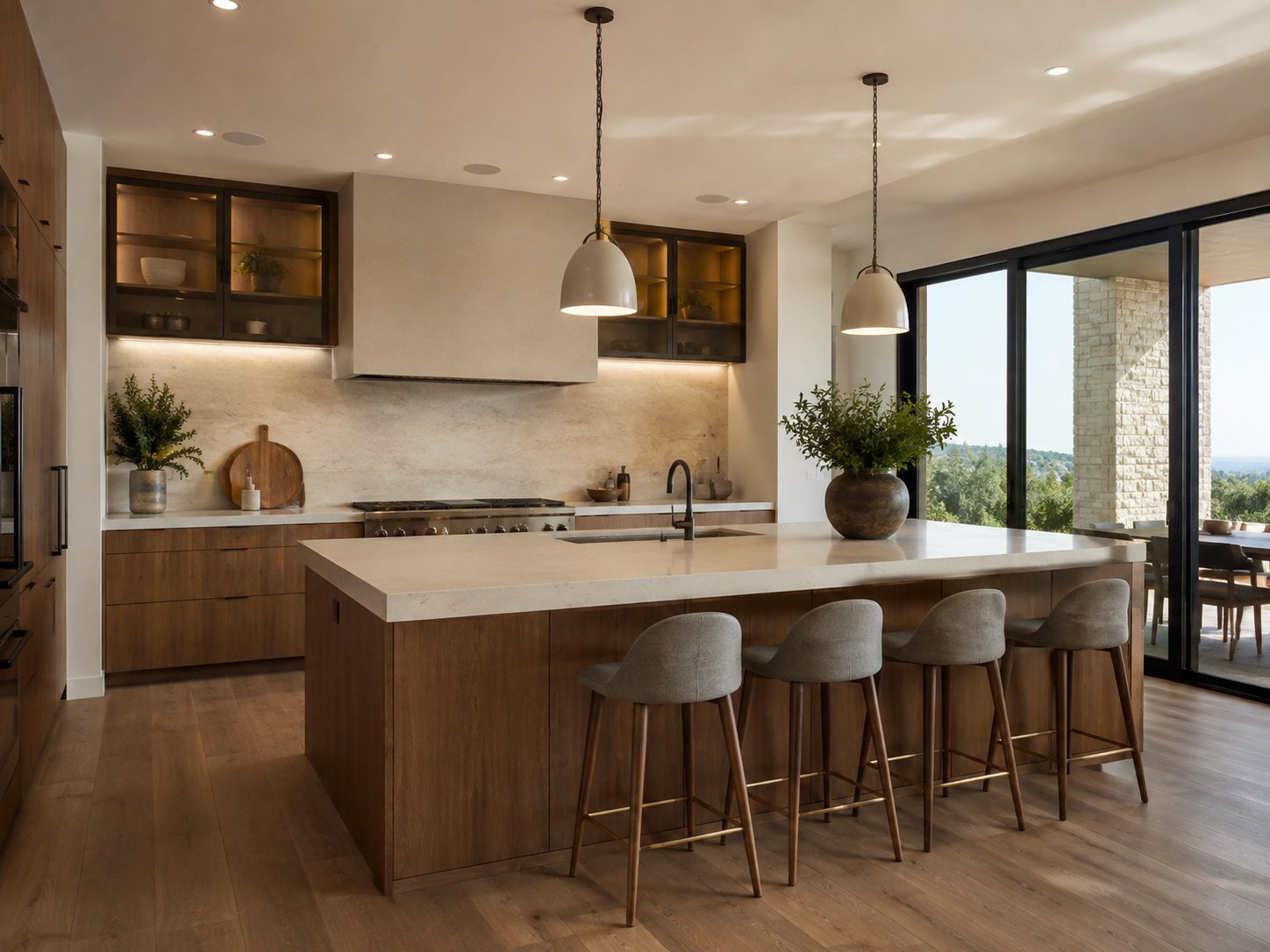 Cocina moderna con isla central e iluminación colgante, fabricada por Cocinas Aljarafe